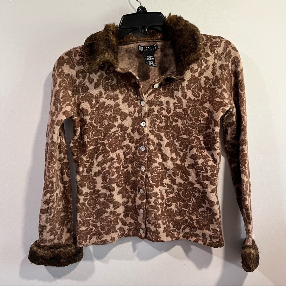 Vintage Carole Little Fur Collar Cardigan Retro Sweater Size medium wool fur